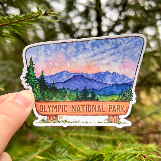Olympic National Park Sign, Vinyl 3" White Die-Cut Sticker, WA State Landscape Art