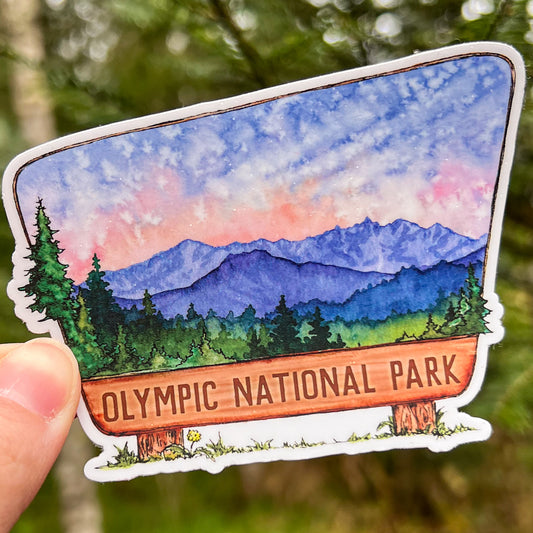 Olympic National Park Sign, Vinyl 3" White Die-Cut Sticker, WA State Landscape Art