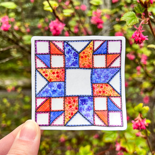 Prairie Star Quilt Block Sticker, 3" Clear Die-Cut Vinyl, Waterproof and Weatherproof