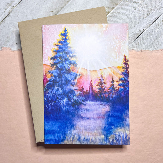 Winter Sunshine Landscape, 4"x5.5" Blank Card & Kraft Envelope