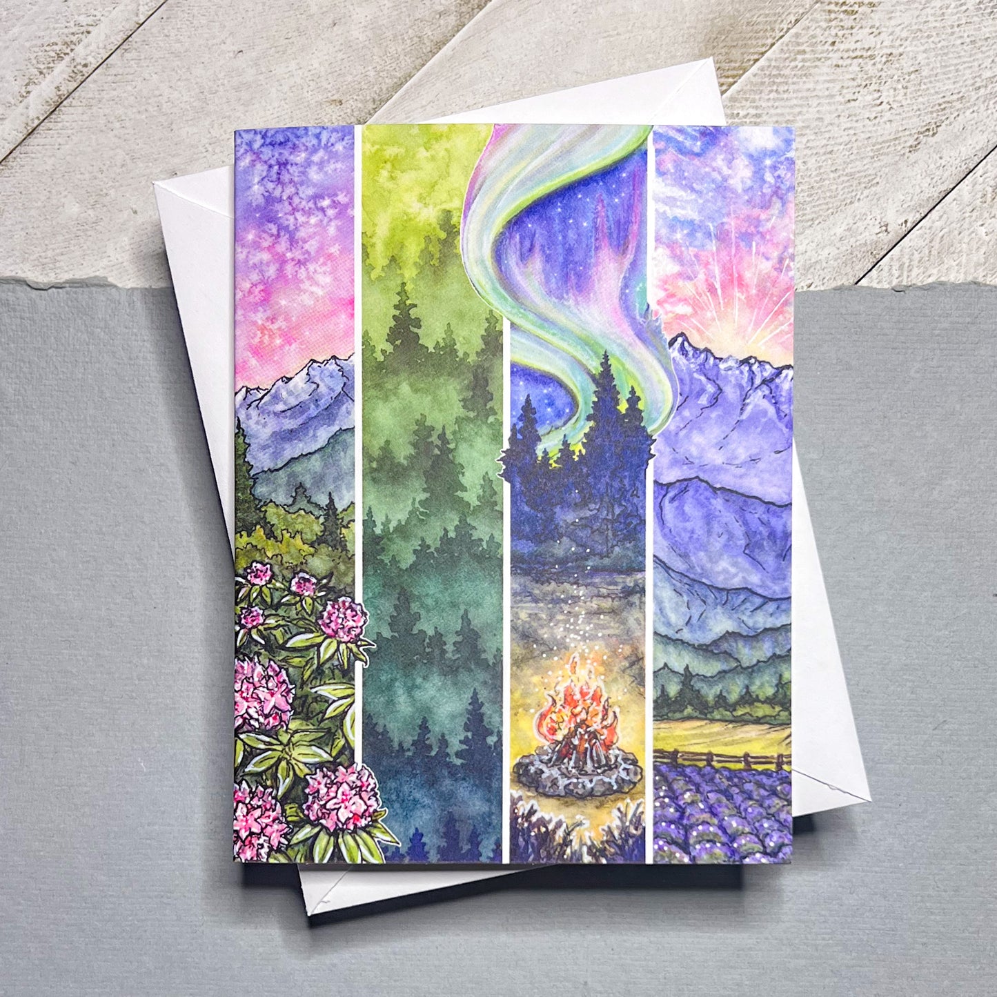 Tall Landscapes Watercolor Art, 4"x5.5" Blank Card & White Envelope