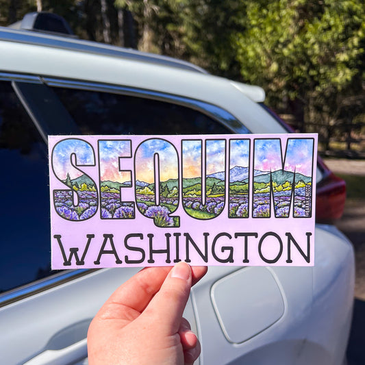 Sequim Washington Lavender, 3.75"x7.5" Vinyl Bumper Sticker, Weather Proof, Watercolor Art