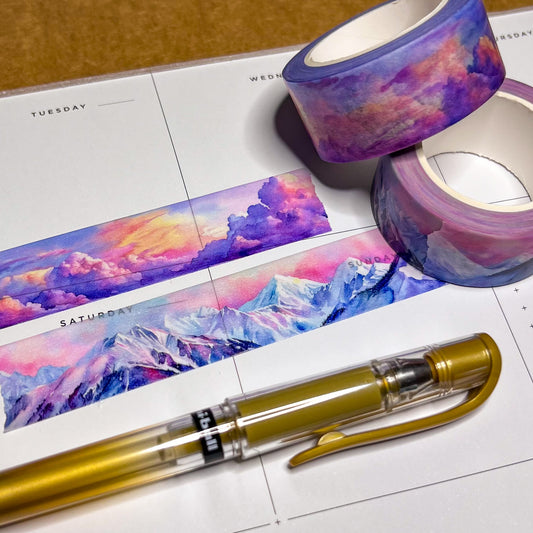 Set of 2 Pastel Mountains & Clouds, Watercolor Landscape Art Washi Tape, Size 2.5cm Wide by 10m Long