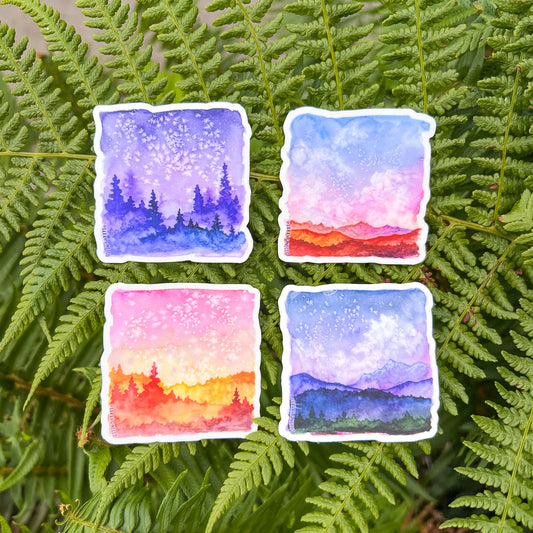Set of 4 Watercolor Landscape Squares, Clear Vinyl 2” Die-cut Stickers, Waterproof & Dishwasher Safe