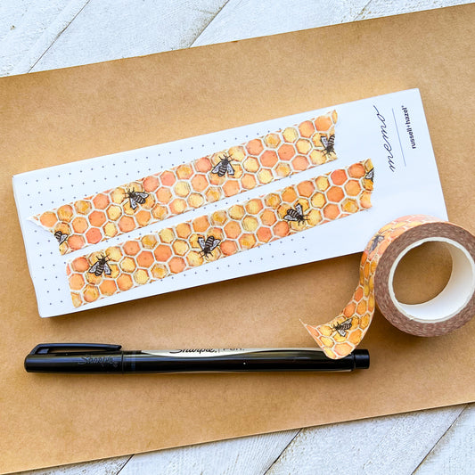 Honey Bees & Comb Washi Tape, Size 2.5cm Wide by 10m Long, Watercolor Art