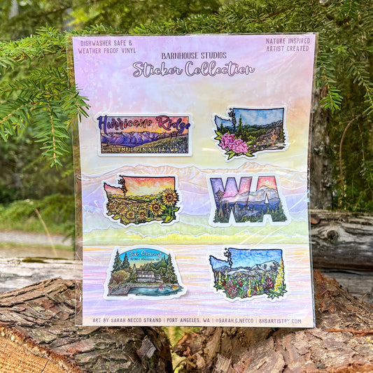 Upper Left Sticker Pack, Set of 6 WA State and Olympic Peninsula Sticker Gift Set, Vinyl Die-Cut and Waterproof
