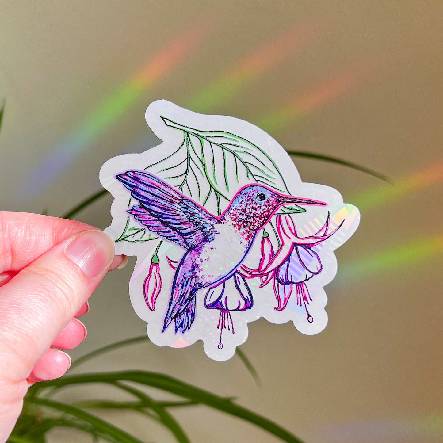 Hummingbird & Fuchsias,, 3.5" Window Suncatcher Sticker, Makes Amazing Fractal Rainbows!