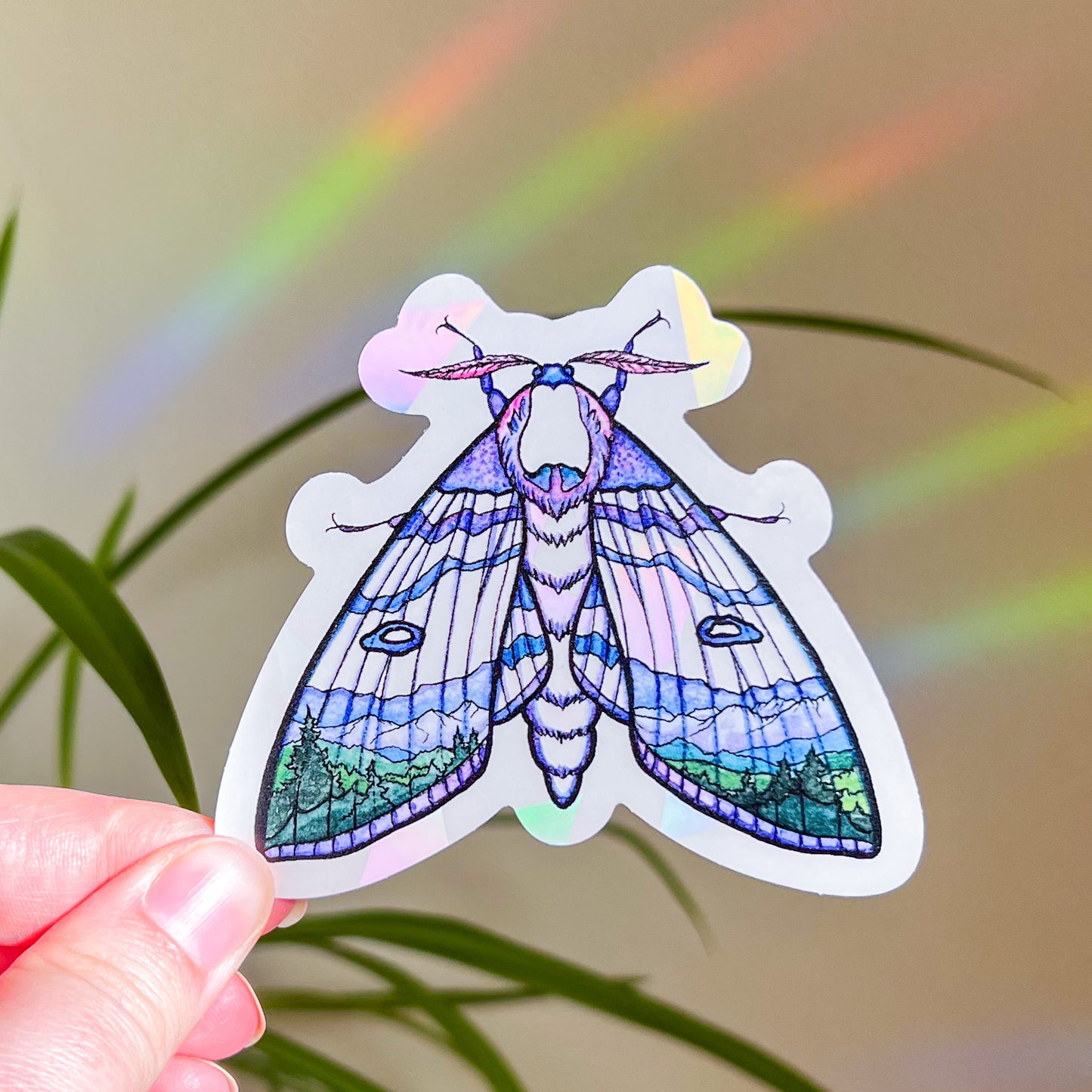 Mountain Landscape Moth, 3.5" Window Suncatcher Sticker, Makes Amazing Fractal Rainbows!
