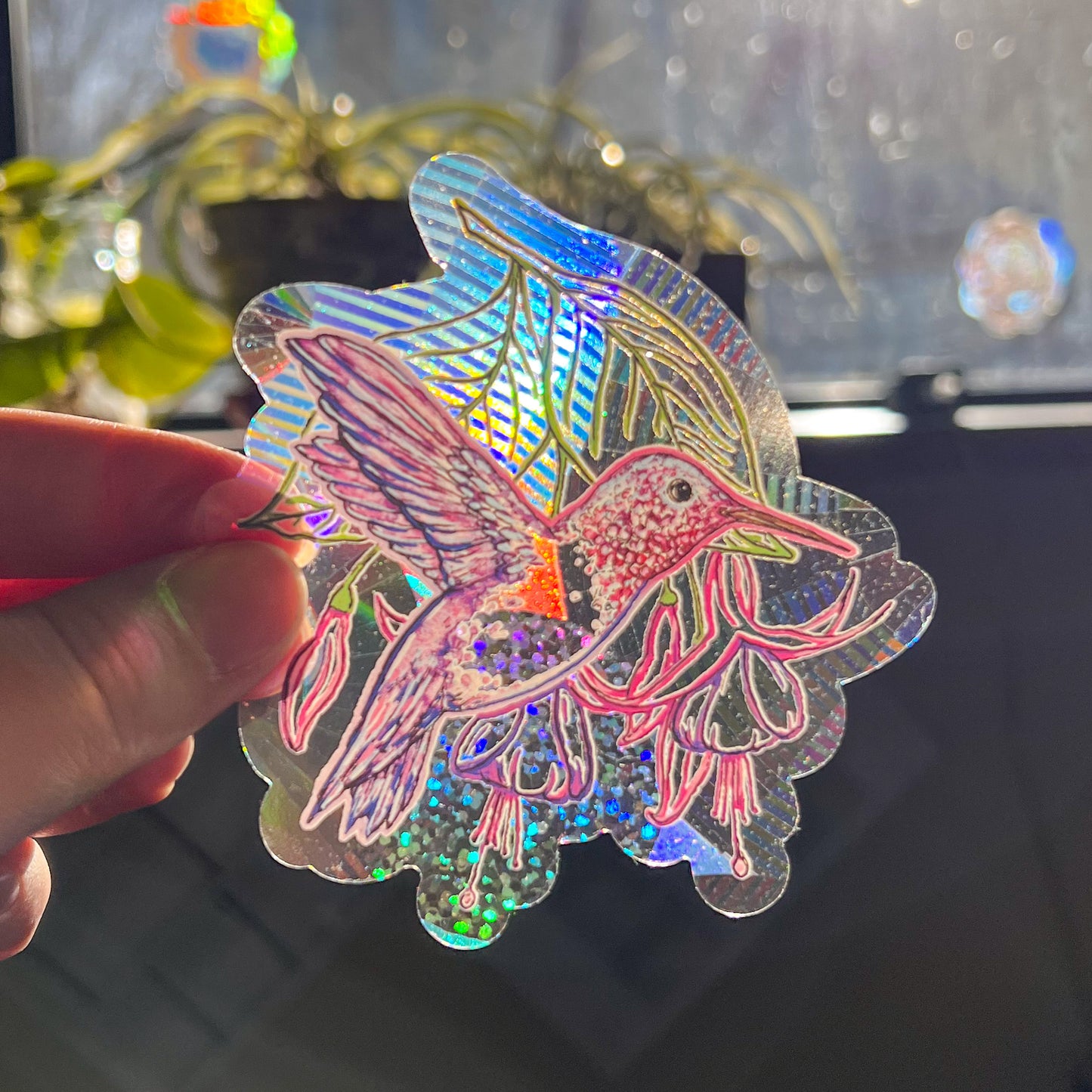 Hummingbird & Fuchsias,, 3.5" Window Suncatcher Sticker, Makes Amazing Fractal Rainbows!