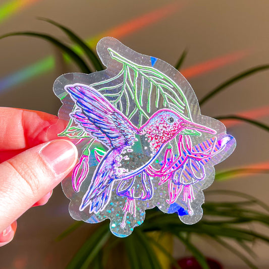 Hummingbird & Fuchsias,, 3.5" Window Suncatcher Sticker, Makes Amazing Fractal Rainbows!