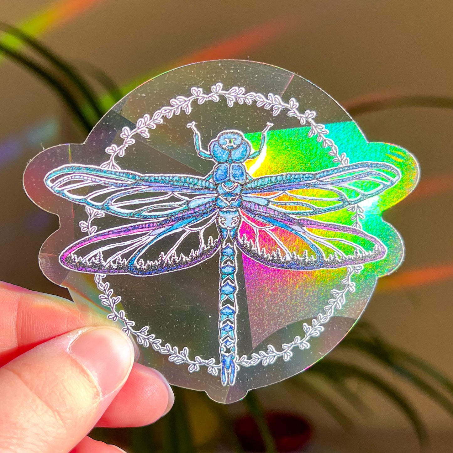 Tree-line Dragonfly, 3.5" Window Suncatcher Sticker, Makes Amazing Fractal Rainbows!