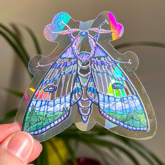 Mountain Landscape Moth, 3.5" Window Suncatcher Sticker, Makes Amazing Fractal Rainbows!