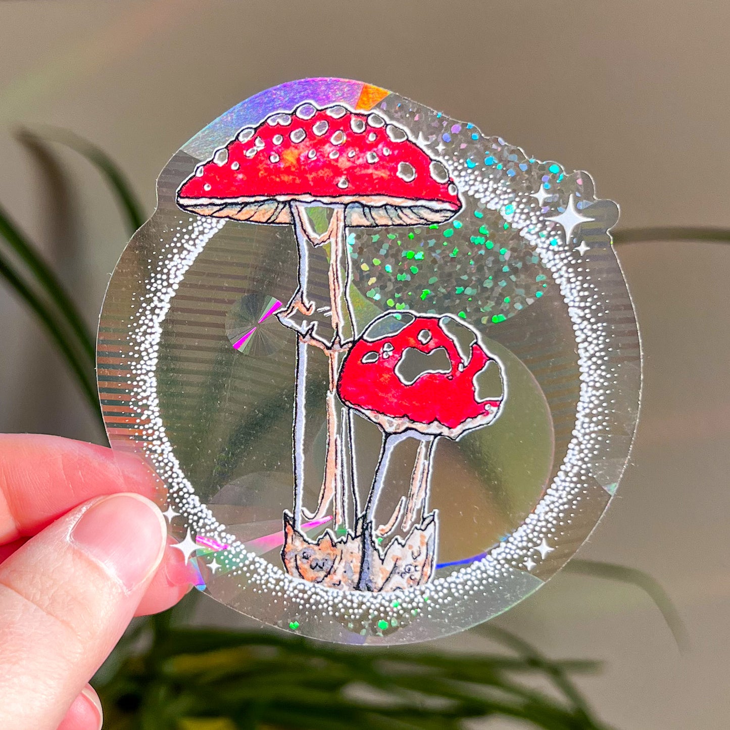 Magic Mushrooms, 3.5" Window Suncatcher Sticker, Makes Amazing Fractal Rainbows!