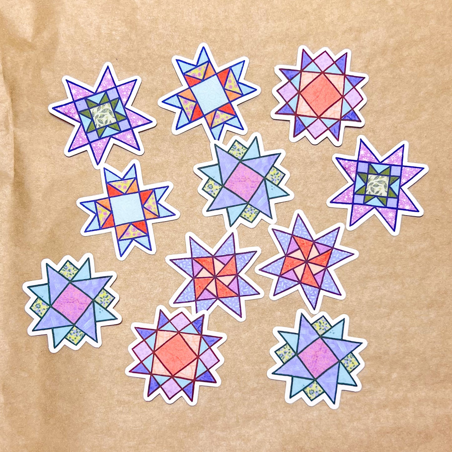 Set of 5 Quilt Block Stickers Vol. 2, 1.5" Matte Holographic Die-Cut Vinyl, Waterproof