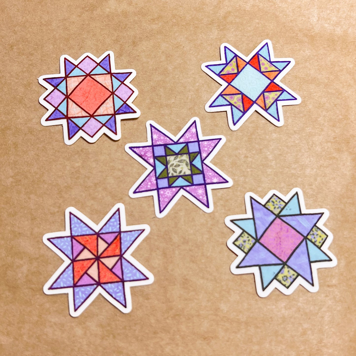 Set of 5 Quilt Block Stickers Vol. 2, 1.5" Matte Holographic Die-Cut Vinyl, Waterproof