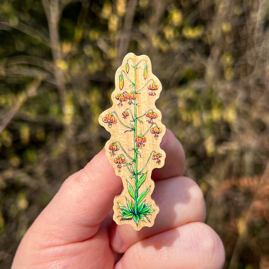 Tiger Lily Flower, Real Pine Wood 1.5” Pin with Rubber Clutch