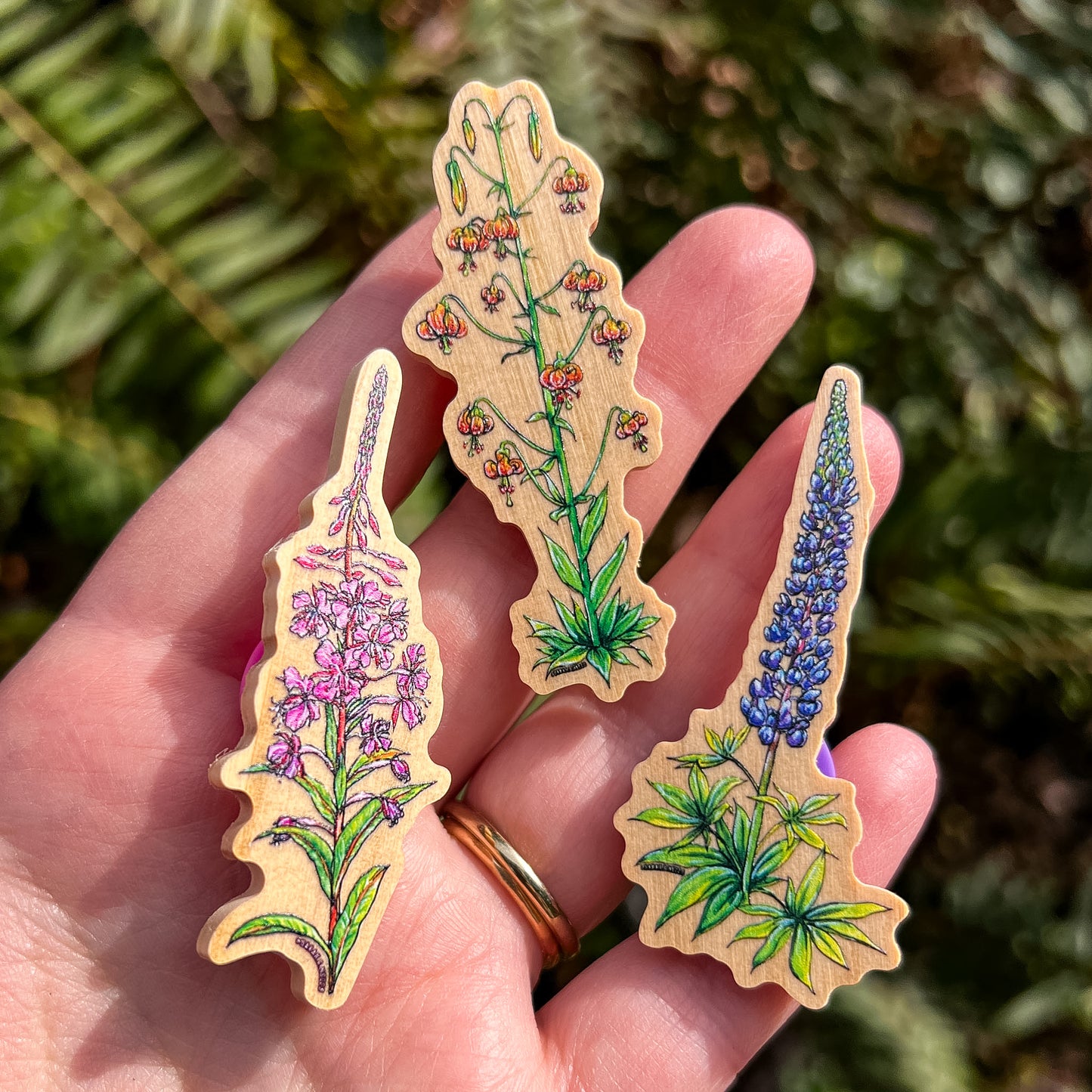 Lupine Flower, Real Pine Wood 1.5” Pin with Rubber Clutch