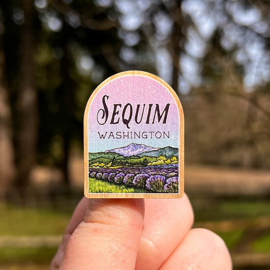 Sequim WA Lavender, Real Pine Wood 1.5” Pin with Rubber Clutch, Wearable Watercolor Art