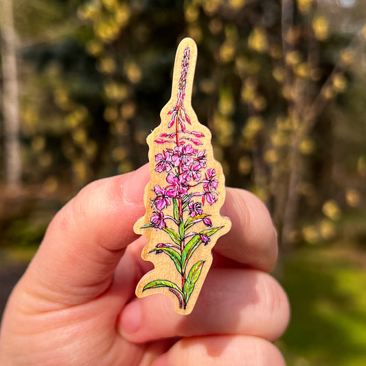 Fireweed Flower, Real Pine Wood 1.5” Pin with Rubber Clutch