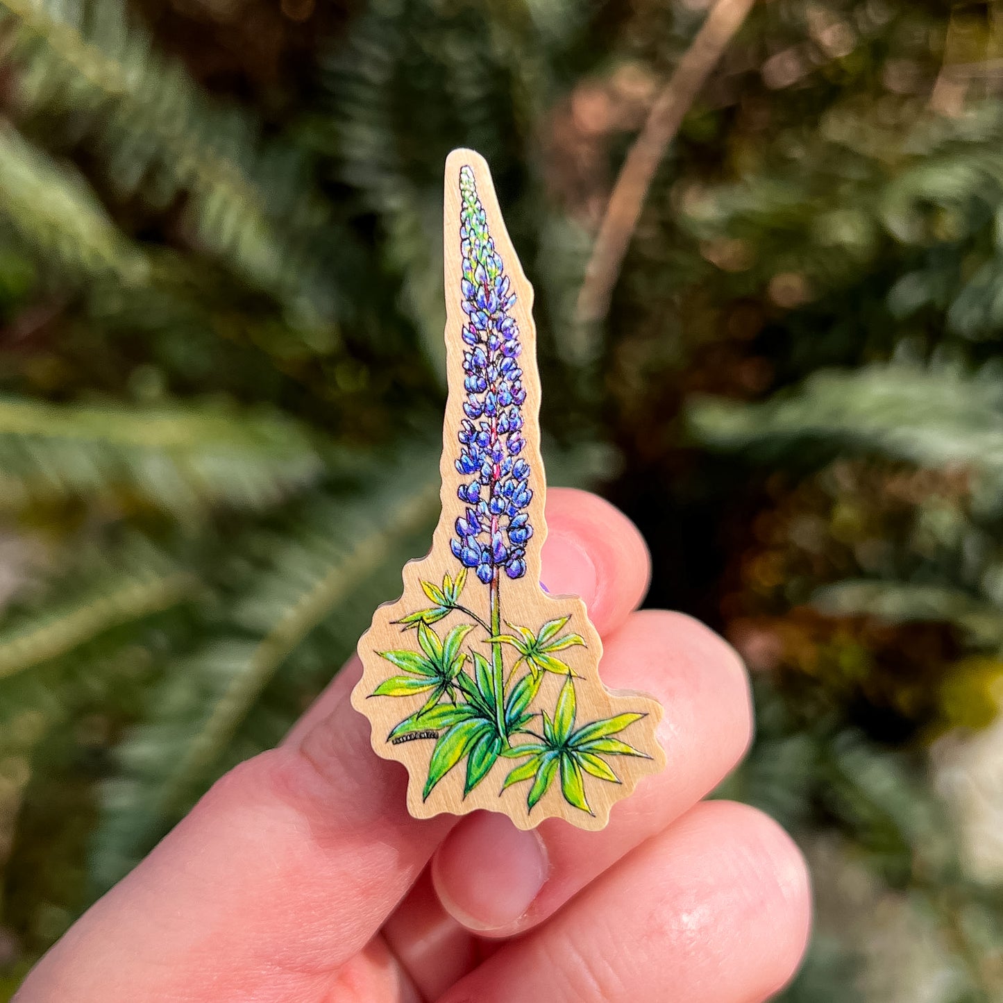 Lupine Flower, Real Pine Wood 1.5” Pin with Rubber Clutch