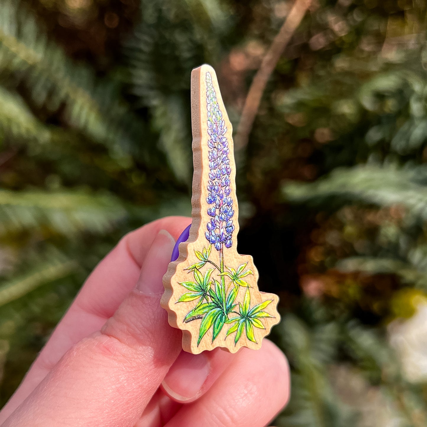Lupine Flower, Real Pine Wood 1.5” Pin with Rubber Clutch
