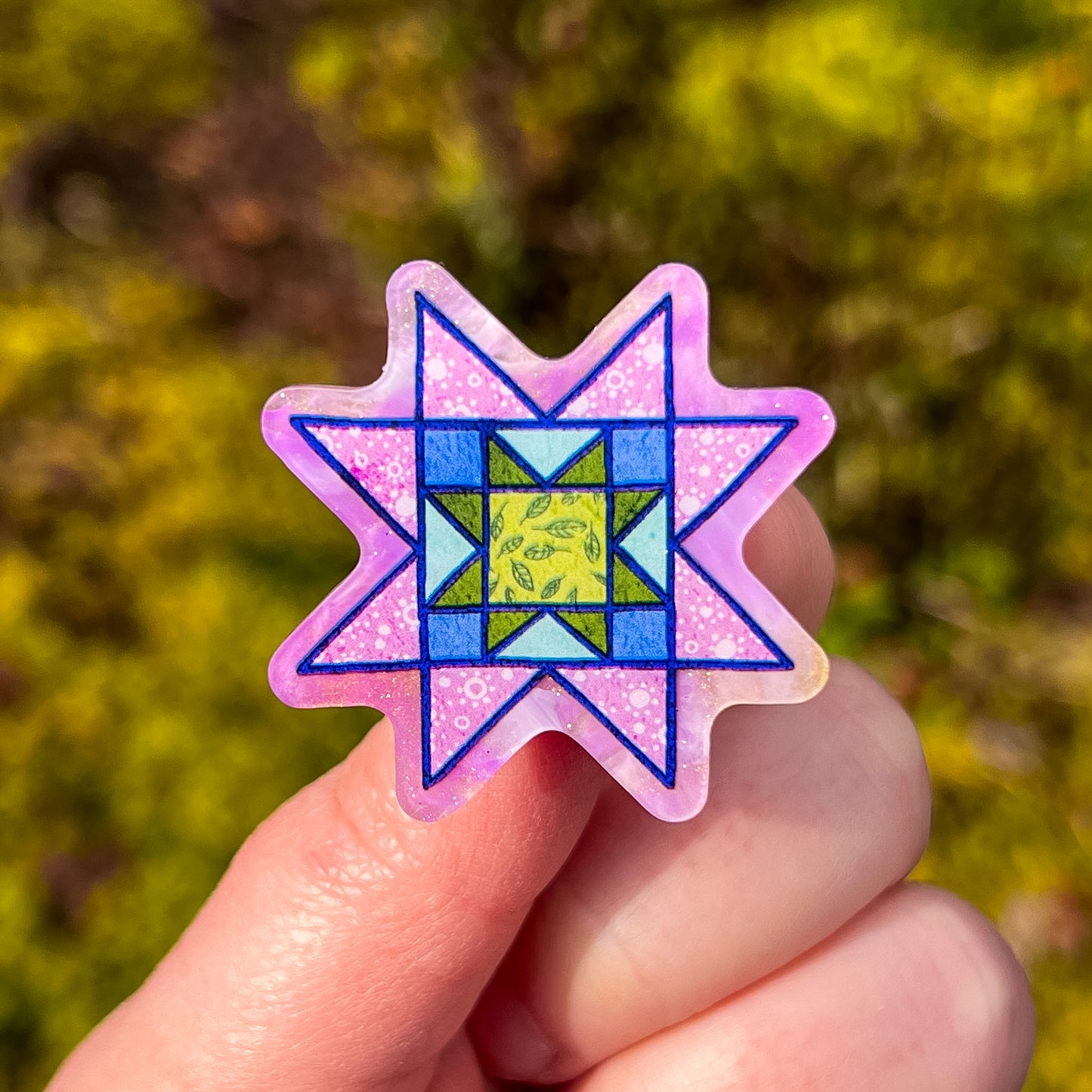 Quilt Star, Purple & Gold Shimmery Acrylic 1.5” Pin with Rubber Clutch