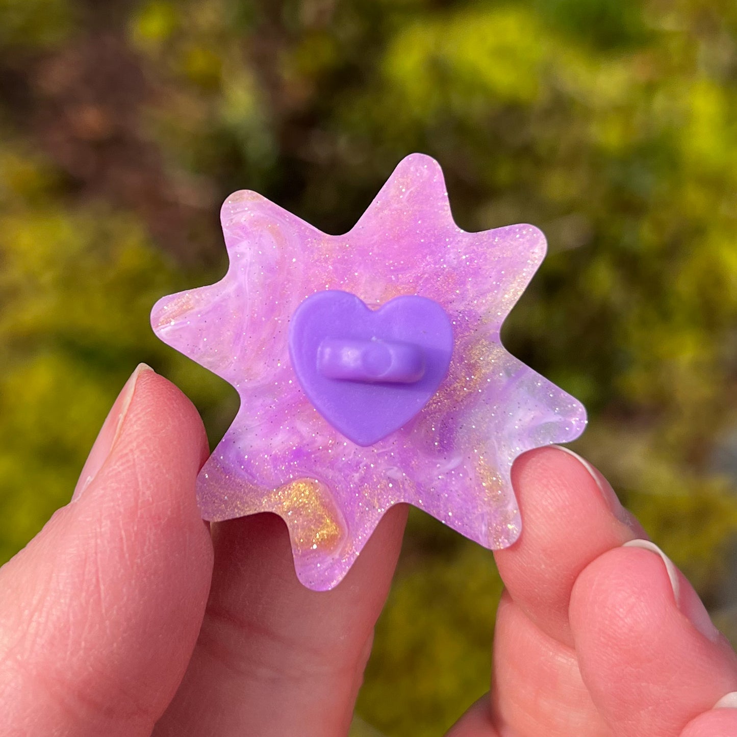 Quilt Star, Purple & Gold Shimmery Acrylic 1.5” Pin with Rubber Clutch