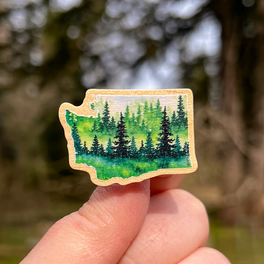 Evergreen State WA, Real Pine Wood 1.5” Pin with Rubber Clutch, Wearable Watercolor Art