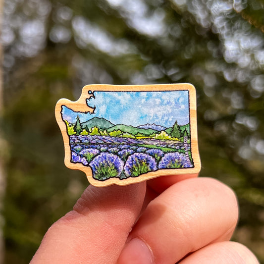 WA State Lavender, Real Pine Wood 1.5” Pin with Rubber Clutch, Wearable Watercolor Art