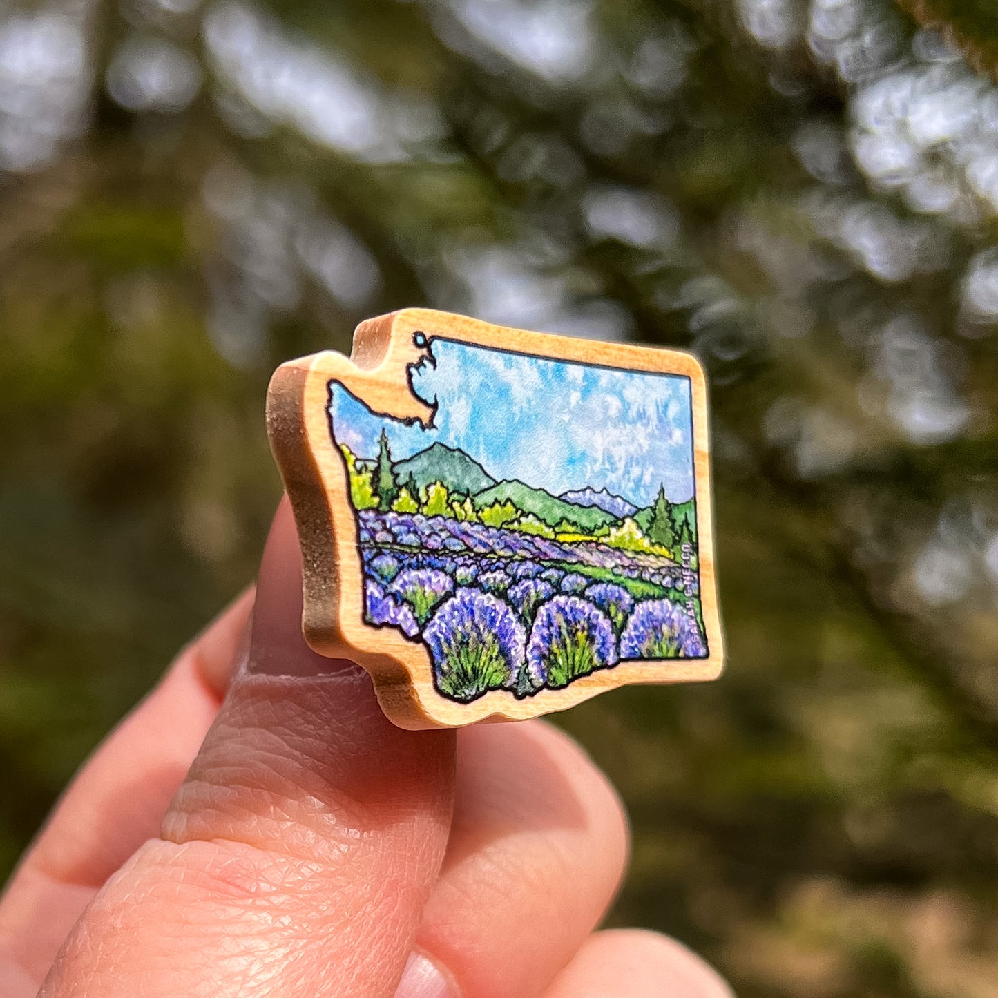 WA State Lavender, Real Pine Wood 1.5” Pin with Rubber Clutch, Wearable Watercolor Art