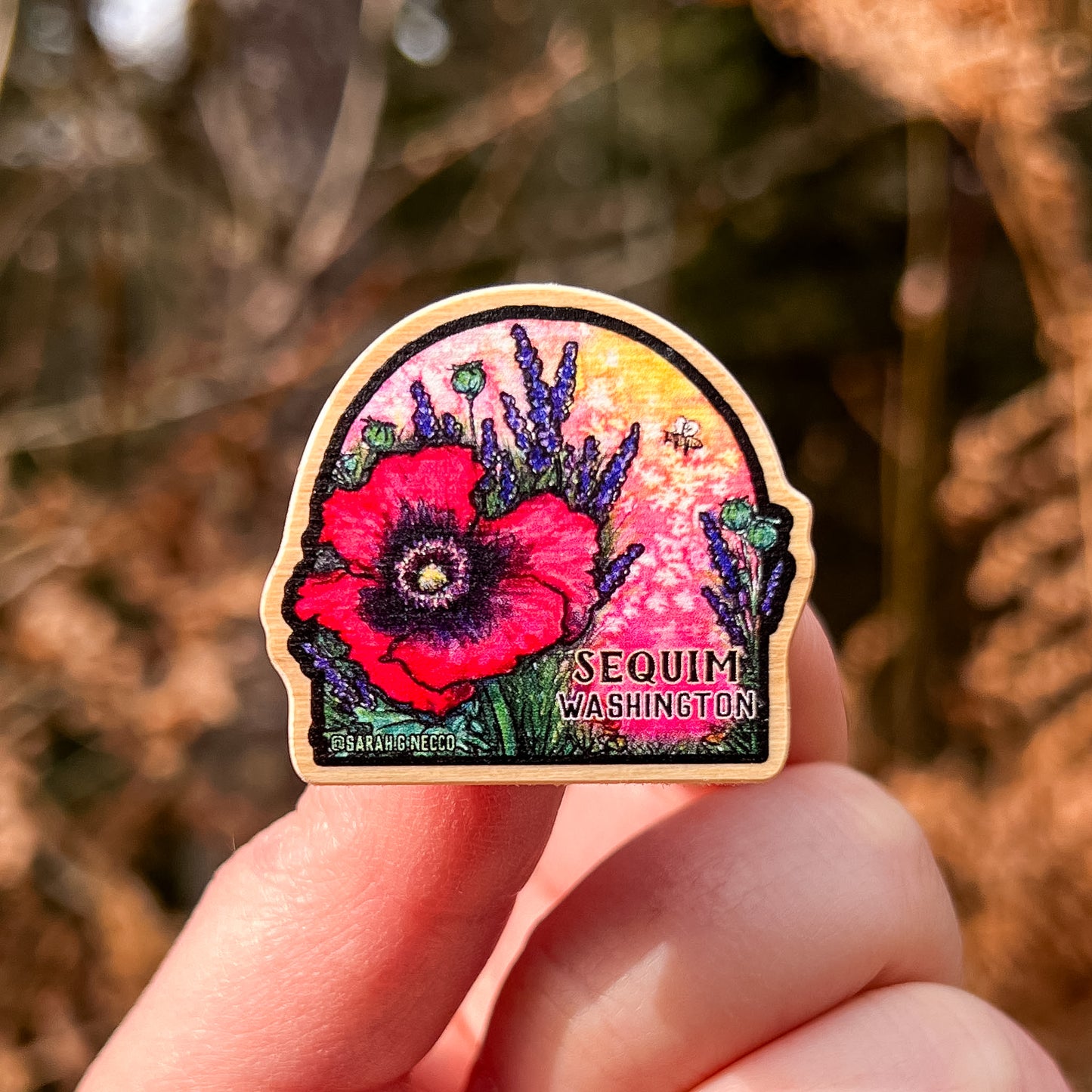 Sequim Poppy & Lavender, Real Pine Wood 1.5” Pin with Rubber Clutch, Wearable Watercolor Art