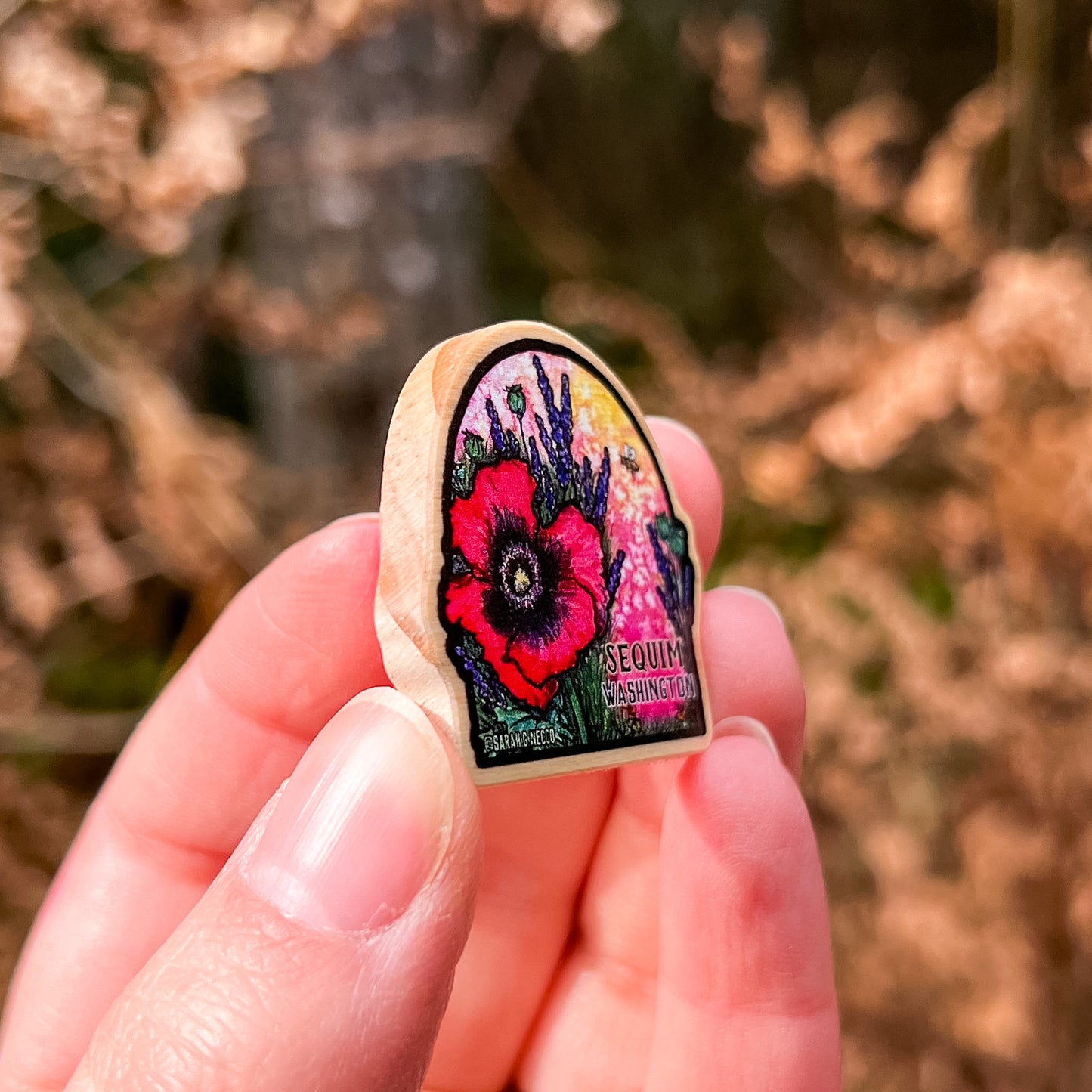 Sequim Poppy & Lavender, Real Pine Wood 1.5” Pin with Rubber Clutch, Wearable Watercolor Art