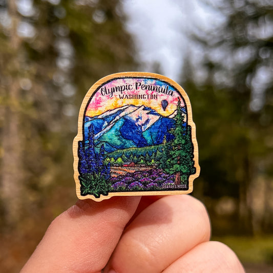 Great Olympic Peninsula, Real Pine Wood 1.5” Pin with Rubber Clutch, Wearable Watercolor Art