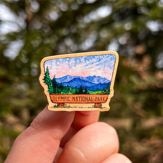 Olympic National Park Sign, Real Pine Wood 1.5” Pin with Rubber Clutch