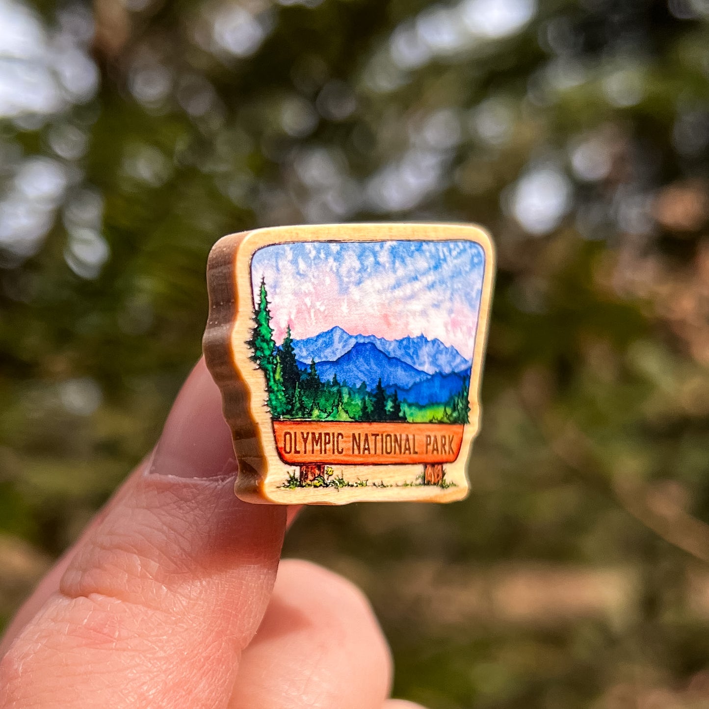 Olympic National Park Sign, Real Pine Wood 1.5” Pin with Rubber Clutch