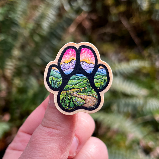 Adventure Buddy Dog Paw, Real Pine Wood 1.5” Pin with Rubber Clutch, Wearable Watercolor Art
