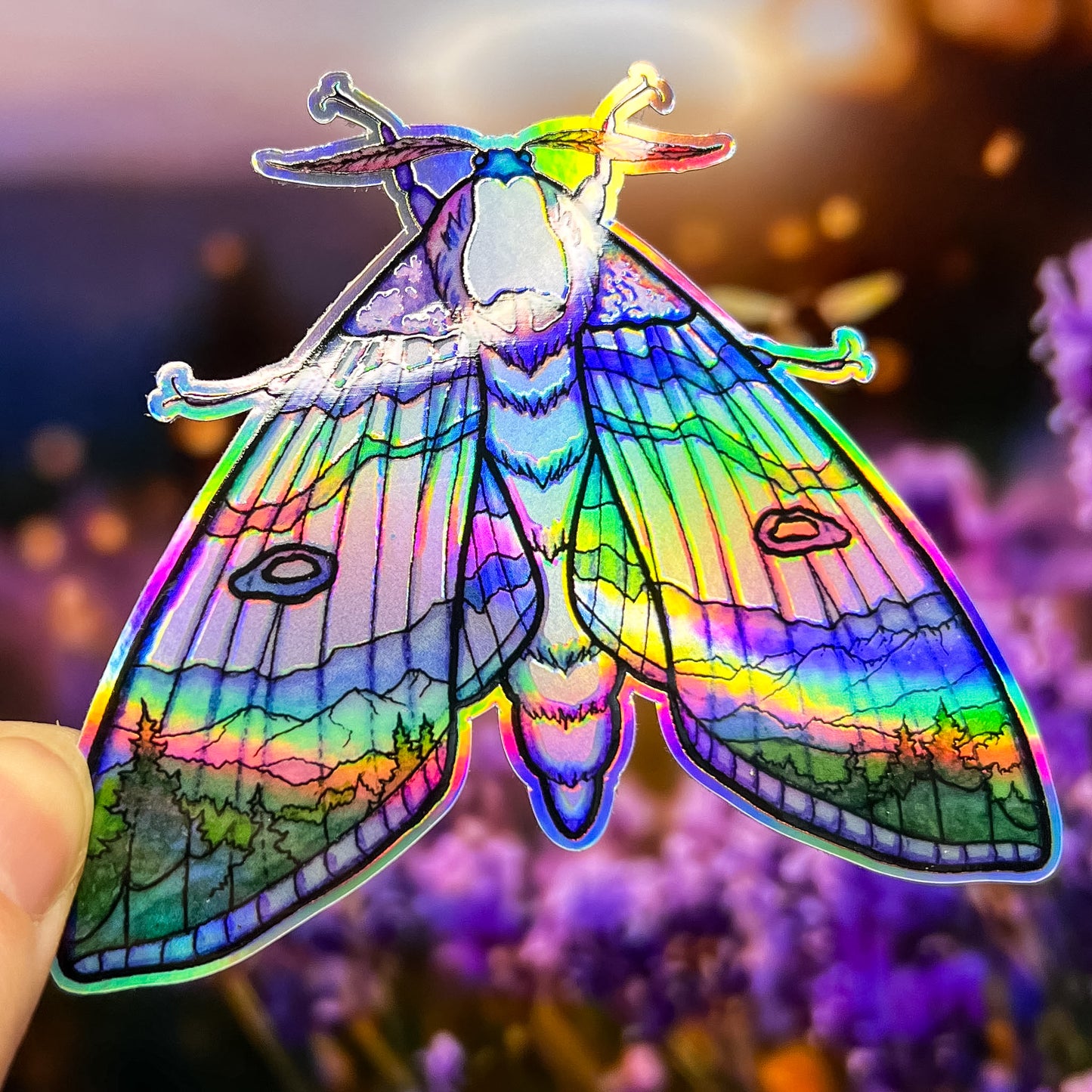 Mountain Moth, Watercolor Art Sticker, Holographic Vinyl 3" Die-Cut