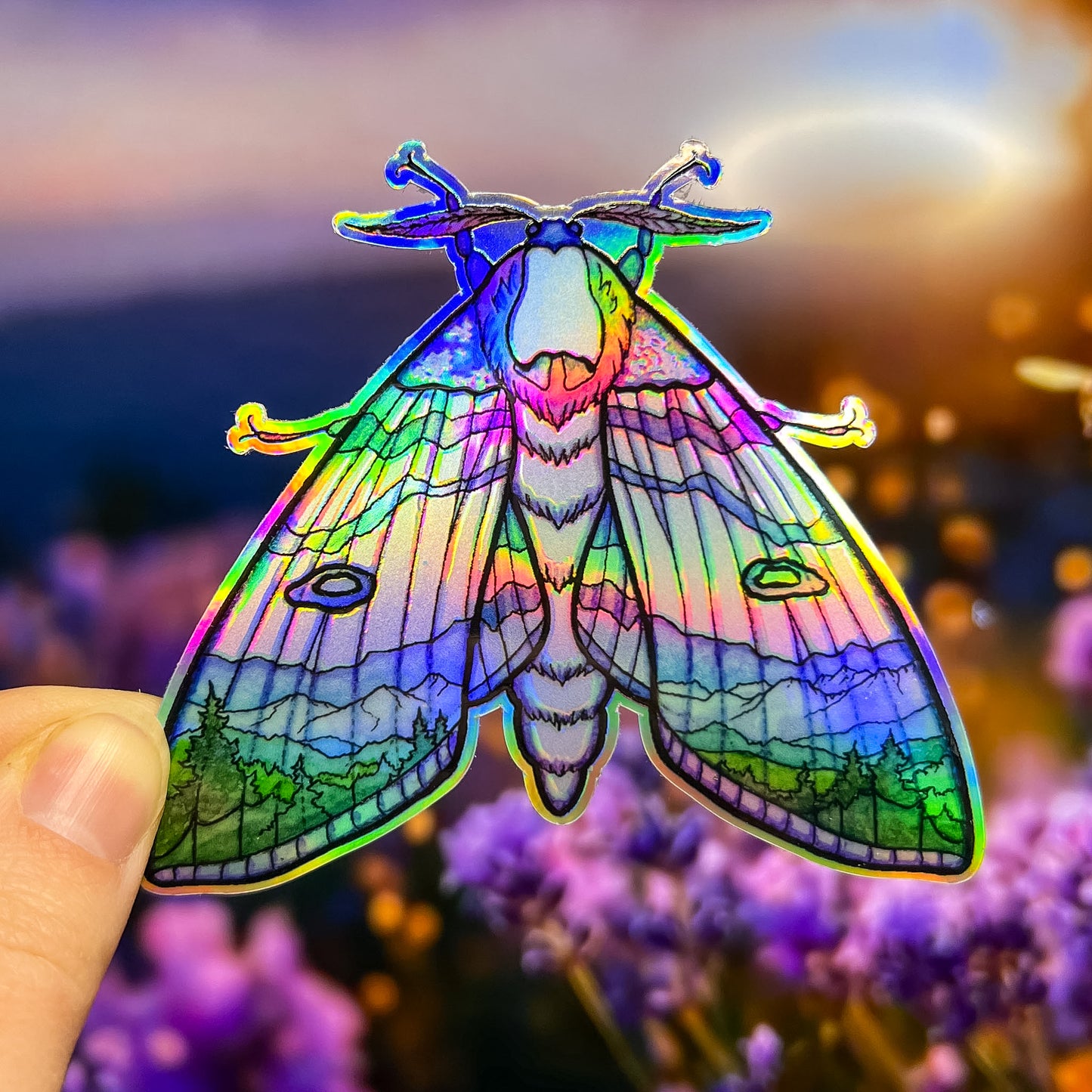 Mountain Moth, Watercolor Art Sticker, Holographic Vinyl 3" Die-Cut