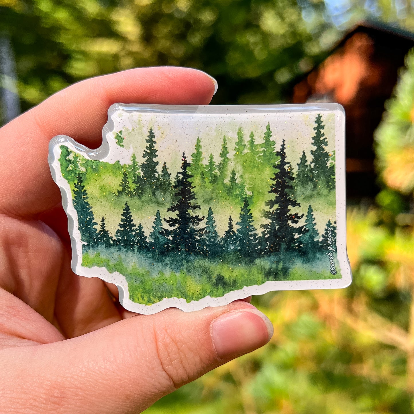 Evergreens of Washington State, 3” Glittering Acrylic Magnet, Watercolor Art Magnet