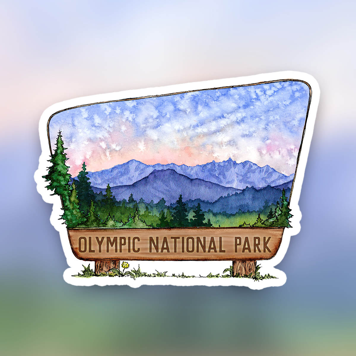 Olympic National Park Sign, Vinyl 3" White Die-Cut Sticker, WA State Landscape Art