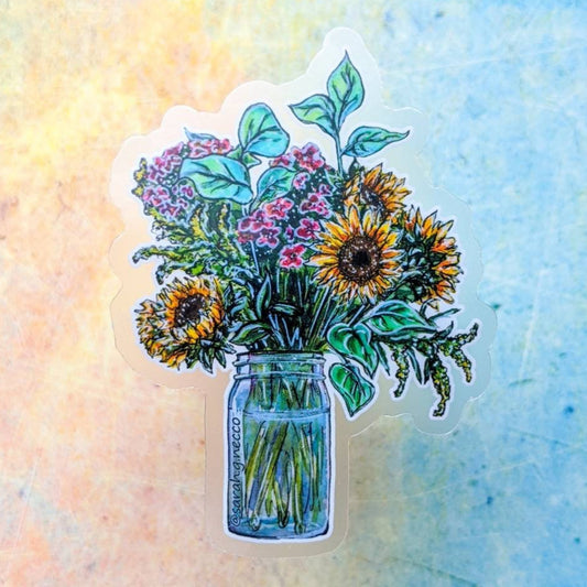 Sunflower Bouquet in Ball Jar, 3" Clear Vinyl Sticker