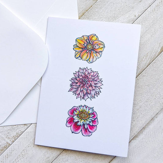 Dahlia Blooms Greeting Card, 4"x5.5" Blank Card and Envelope