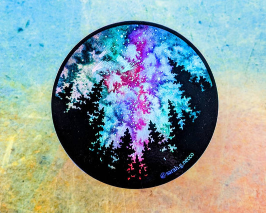 Holographic or Matte Galaxy & Forest Sticker, Watercolor Art, 3"x3" inch Circle Vinyl Waterproof Sticker