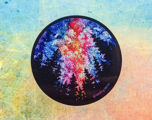 SALE! Holographic Glitter Galaxy & Forest Sticker, Watercolor Art, 3"x3" inch Circle Vinyl Waterproof Sticker