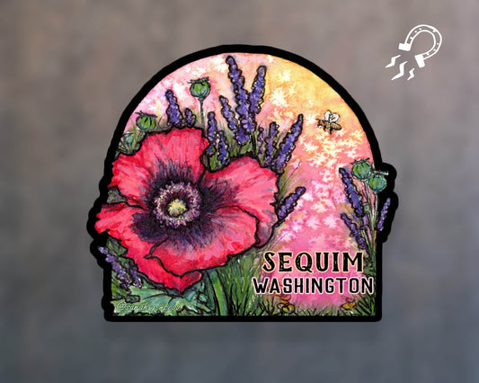 Sequim Washington, Poppy & Lavender 3" x 3" Magnet for Home, Office, and Car