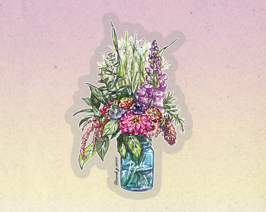 Farm Flowers in Mason Jar, 3"x2" Clear Vinyl Sticker, Waterproof and Dishwasher Safe