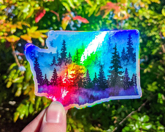 SALE! Washington State Holographic Blue, Watercolor Art Sticker, Waterproof & Dishwasher Safe, Vinyl 3" Die-Cut