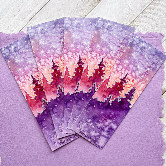 Watercolor Art Print Bookmark, 2”x6” Glossy Card Stock, Purple Forest and Galaxy