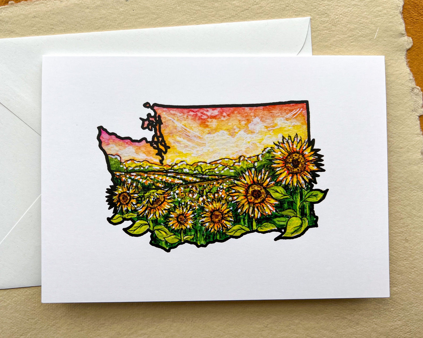 Sunflower Farming of WA State Greeting Card, 4"x5.5" Blank Card and Envelope, Watercolor Art Print