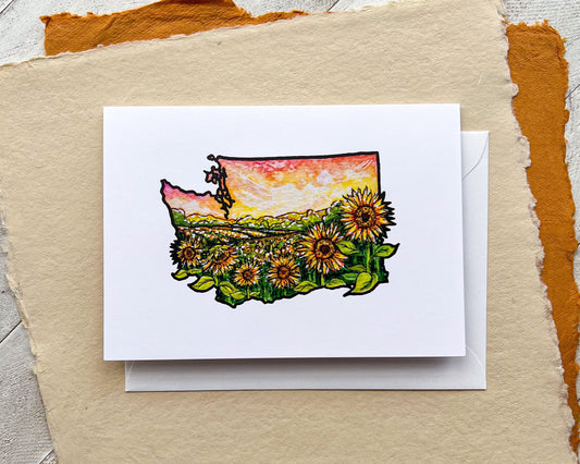 Sunflower Farming of WA State Greeting Card, 4"x5.5" Blank Card and Envelope, Watercolor Art Print